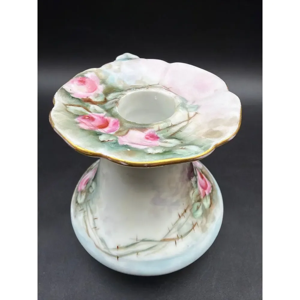 Antique PH Leonard Vienna Austria Porcelain Chamberstick Pink Roses Gold Gilt